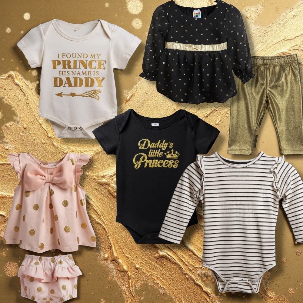 Gold and Black Baby Outfit Set: 7 Pieces
